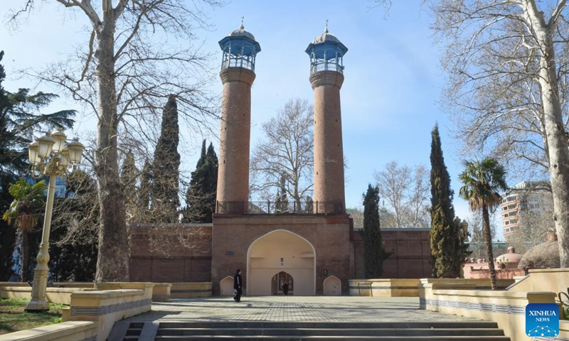 This photo taken on March 24, 2026 shows a view of the Shah Abbas Mosque, or Juma Mosque, in Ganja, Azerbaijan. Ganja is Azerbaijan's second-largest city and one of the countries' historic sites. (Xinhua/Chen Junfeng)

