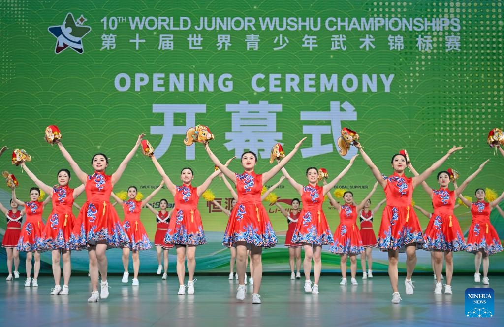 Artists perform during the opening ceremony of the 10th World Junior Wushu Championships in Tianjin, north China, March 25, 2026. (Xinhua/Sun Fanyue)

