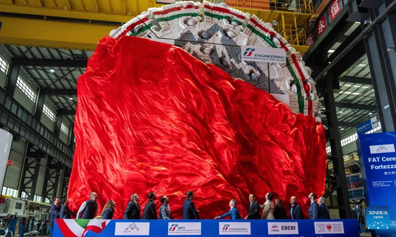 The tunnel boring machine (TBM) to be exported to Italy rolls off the production line at the second industrial park of China Railway Construction Heavy Industry Corporation Limited in Changsha, central China's Hunan Province, March 26, 2026. (Xinhua/Chen Sihan)