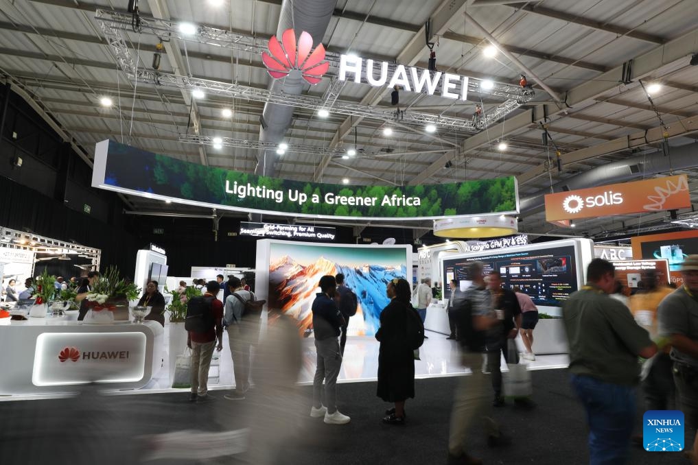 Visitors visit the booth of Huawei during the Solar and Storage Live Africa 2026 in Johannesburg, South Africa, March 25, 2026. Chinese renewable energy giants are hogging the spotlight at the ongoing Solar and Storage Live Africa 2026 in Johannesburg, South Africa, highlighting China's growing role in Africa's rapidly expanding clean energy sector. (Xinhua/Chen Wei)