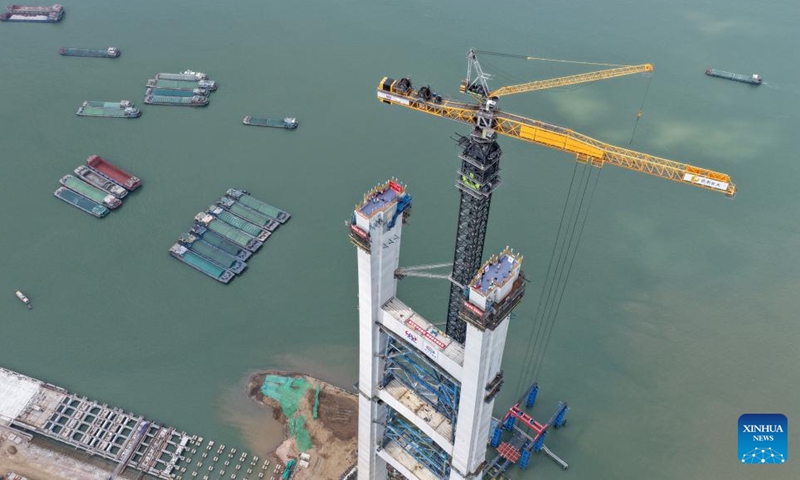An aerial drone photo taken on March 26, 2026 shows the east main tower of the Shiziyang grand bridge, a critical part of the Shiziyang Channel in south China's Guangdong Province.(Xinhua/Lu Hanxin)