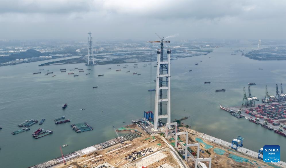 An aerial drone photo taken on March 26, 2026 shows main towers of the Shiziyang grand bridge, a critical part of the Shiziyang Channel in south China's Guangdong Province.(Xinhua/Lu Hanxin)