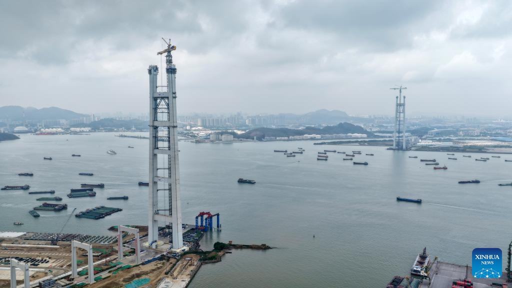 An aerial drone photo taken on March 26, 2026 shows main towers of the Shiziyang grand bridge, a critical part of the Shiziyang Channel in south China's Guangdong Province.(Xinhua/Lu Hanxin)