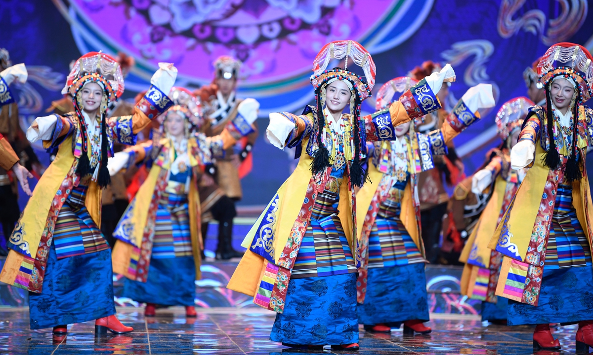 Dancers dressed in traditional costumes perform on stage during the recording of the 2026 Spring Festival and Tibetan New Year Gala in Lhasa, Xizang Autonomous Region, on February 4, 2026.