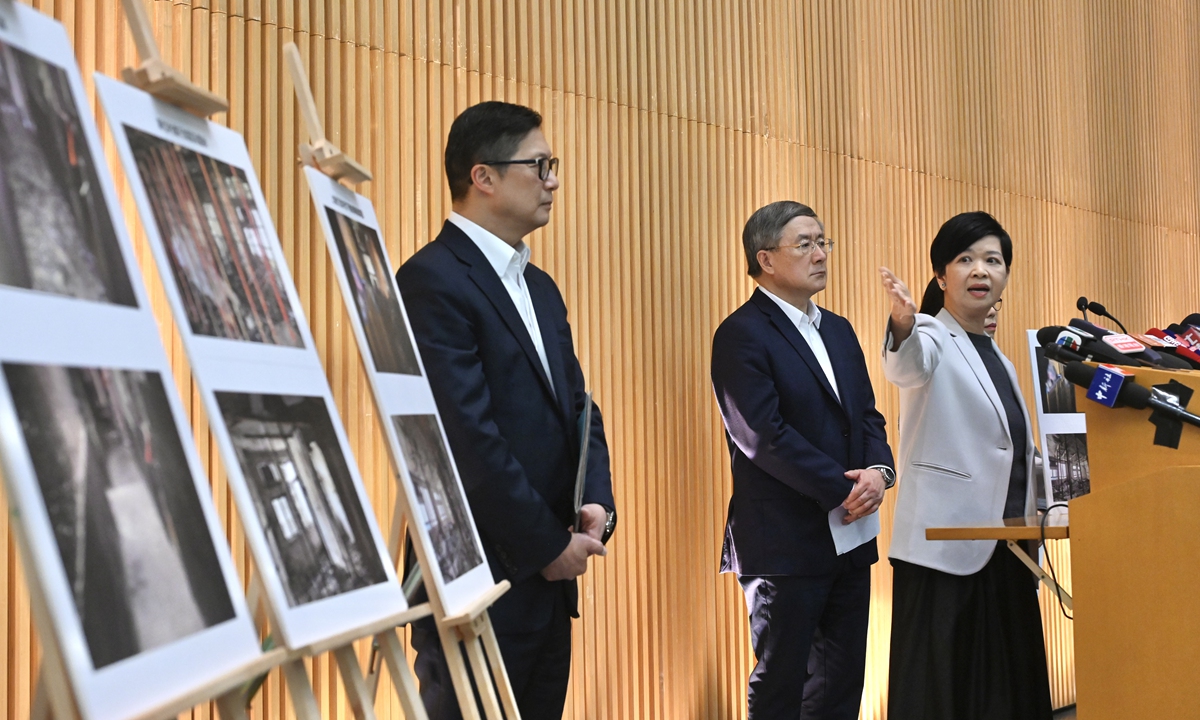 Officials of the Government of the Hong Kong Special Administrative Region hold a press conference on March 27, 2026, announcing that residents of the seven buildings affected by the deadly residential fire at Wang Fuk Court in Tai Po, Hong Kong, would be allowed to return to their original residences in batches between April 20 and May 4 to pack their belongings. The final death toll of the fire has been confirmed at 168, according to Xinhua. Photo: VCG