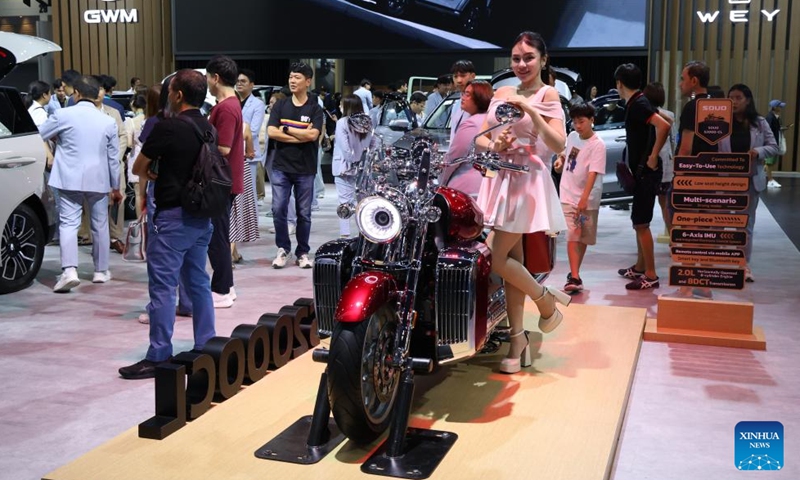 This photo taken on March 26, 2026 shows a GWM Souo S2000 CL motorcycle during the 47th Bangkok International Motor Show in Nonthaburi, Thailand. This year's motor show is held from March 25 to April 5. (Xinhua/Sun Weitong)