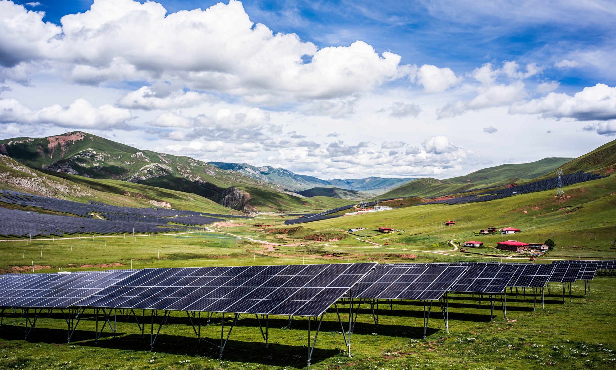 Solar panels reflect the blue sky at a photovoltaic power station in Dengqen county, Qamdo, Xizang Autonomous Region, on August 3, 2025.