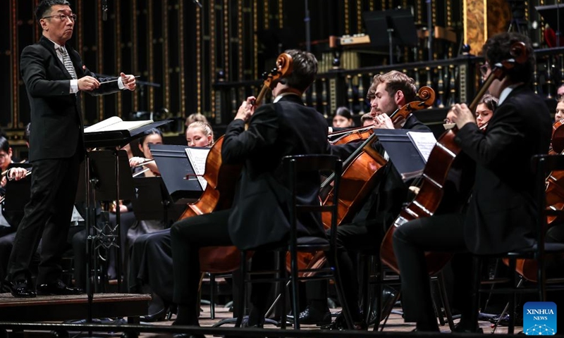 Musicians perform at a China-Hungary cultural exchange concert in Budapest, Hungary, March 25, 2026. The concert, titled TUTTI -- China-Hungary Cultural Exchange Concert, was held on Wednesday evening at the Liszt Academy of Music in Budapest, featuring a joint symphony orchestra of young musicians from the two countries. (Photo by David Balogh/Xinhua)

