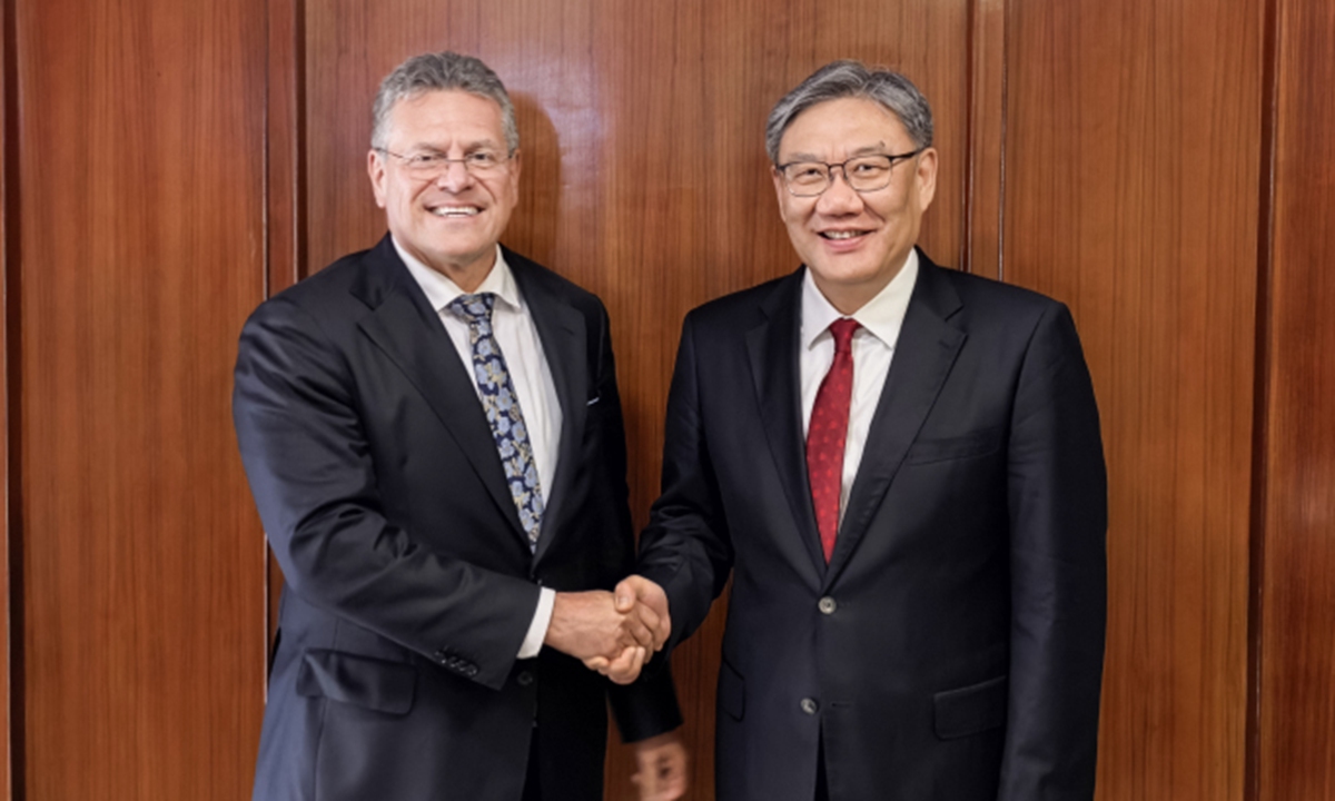 China's Commerce Minister Wang Wentao meets with European Commissioner for Trade and Economic Security Maros Sefcovic on March 26, 2026 in Yaounde, Cameroon. Photo: Screenshot from China's Ministry of Commerce