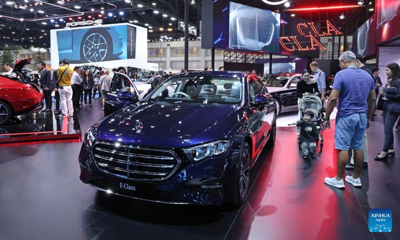 This photo taken on March 26, 2026 shows a Mercedes-Benz E-Class during the 47th Bangkok International Motor Show in Nonthaburi, Thailand. This year's motor show is held from March 25 to April 5. (Xinhua/Sun Weitong)