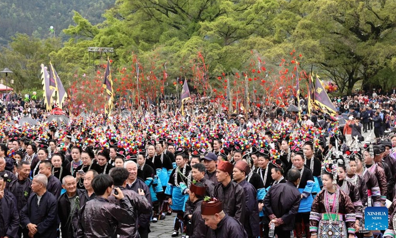 Local people attend the Sama Festival celebration event in Sanbao Dong Village in Rongjiang County, southwest China's Guizhou Province, March 28, 2026. Sama was the name of a heroine in ancient maternal society of Dong people. The Sama Festival, enlisted as one of the national intangible cultural heritages in 2006, is held to commemorate their ancestor. (Photo by Wei Guijin/Xinhua)