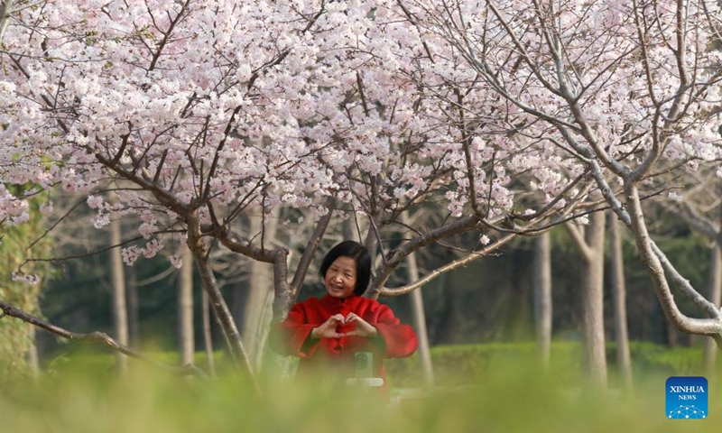 A tourist showcases the spring scenery via livestreaming at a park in Gaomi City, east China's Shandong Province, March 25, 2026. (Photo by Li Haitao/Xinhua)