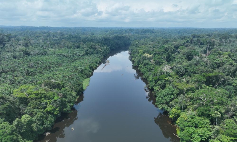 An aerial drone photo shows a view of the Nyong River in Cameroon, March 27, 2026. (Xinhua/Liu Qiong)