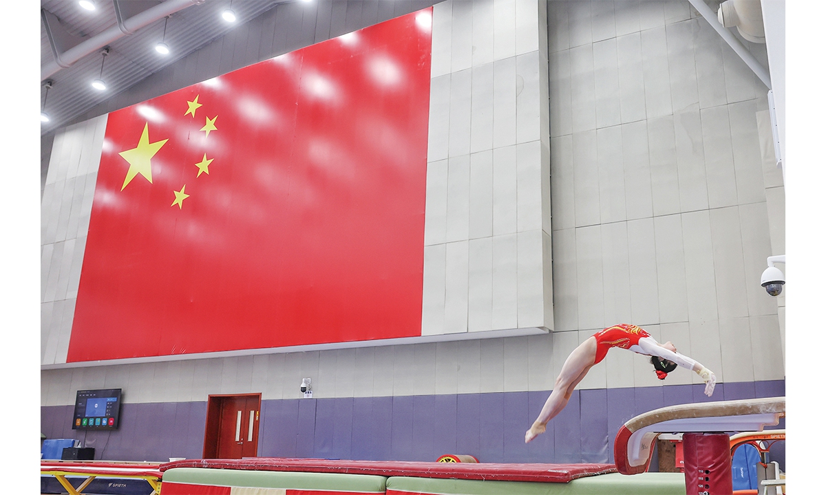 Chinese gymnast Ke Qinqin practices a vault jump during a training session on March 26, 2026 in Beijing. Photos on this page: Cui Meng/GT