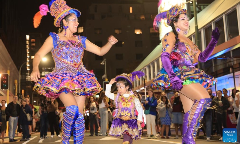 People perform during CubaDupa Festival in Wellington, New Zealand, March 28, 2026. (Photo by Meng Tao/Xinhua)