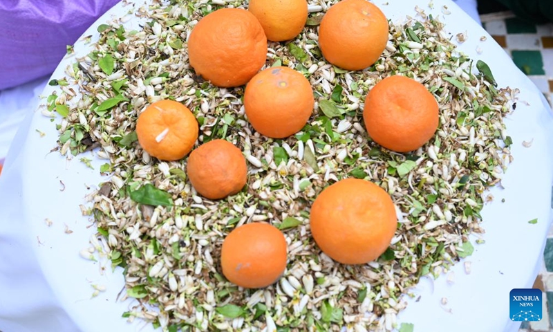 Materials for making orange blossom water are seen in Marrakech, Morocco, March 27, 2026.
The 14th Zahria Festival is held here from March 22 to April 12, featuring traditional folk practices associated with orange blossom water production. This age-old heritage has been handed down through generations in the Marrakech region, which centers on the artful distillation process. (Photo by Aissa/Xinhua)