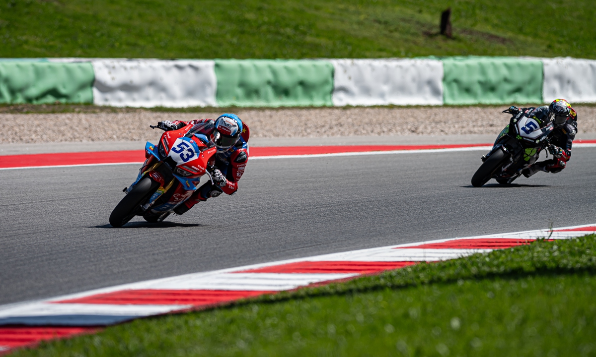Valentin Debise (No.53) of the ZXMoto Factory Evan Bros Racing team leads the track on a ZXMoto 820RR motorbike during the Superbikes World Championship Portugal Round on March 28, 2026 in Portimao, Portugal. Photos on this page: Courtesy of the Evan Bros team
