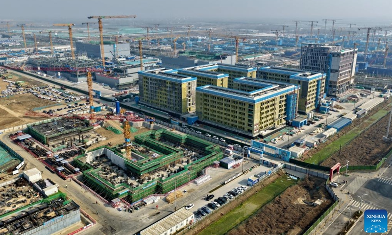 An aerial drone photo taken on March 25, 2026 shows a scene at the construction site of the Xiong'an campus of the University of Science and Technology Beijing in Xiong'an New Area, north China's Hebei Province. Photo:Xinhua