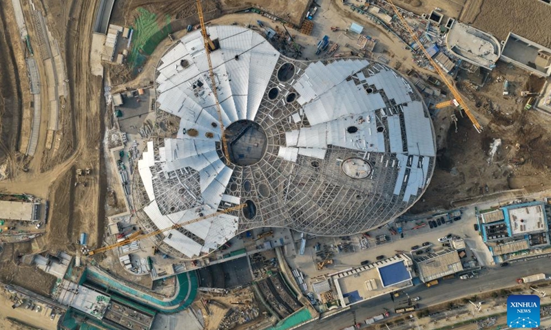 An aerial drone photo taken on March 25, 2026 shows a scene at the construction site of an urban cultural square in Xiong'an New Area, north China's Hebei Province.Photo: Xinhua