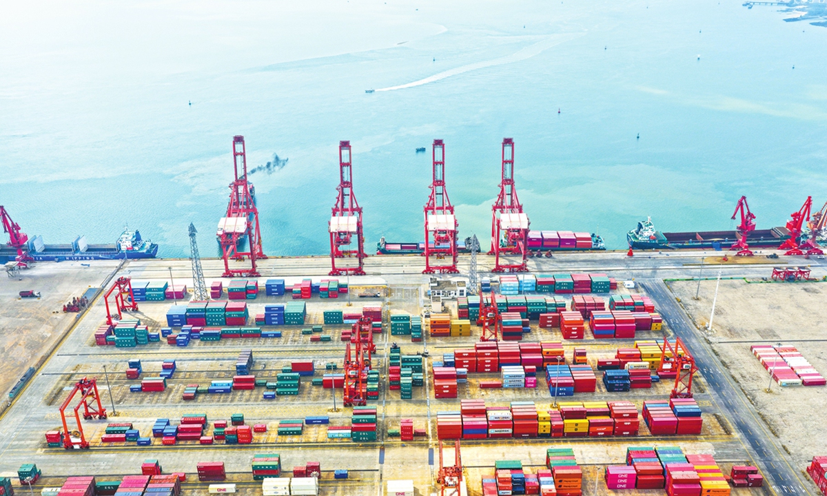 An aerial view of the busy and orderly scene at Yangpu Port in Danzhou, South China's Hainan Province, on December 20, 2025 Photo: VCG