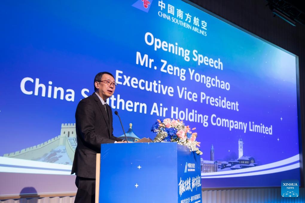 Zeng Yongchao, executive vice president of China Southern Air Holding Company, speaks at a promotion event hosted by China Southern Airlines for the new Beijing-Helsinki direct route in Helsinki, Finland, March 30, 2026. (Photo by Matti Matikainen/Xinhua)

