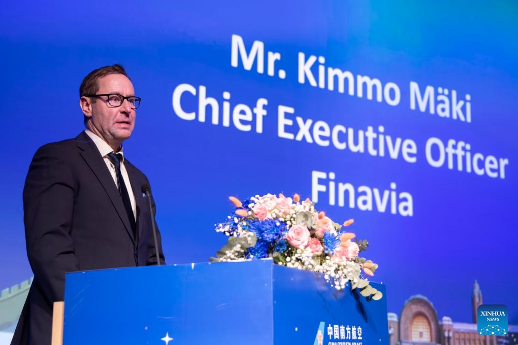 Finavia CEO Kimmo Maki speaks at a promotion event hosted by China Southern Airlines for the new Beijing-Helsinki direct route in Helsinki, Finland, March 30, 2026. (Photo by Matti Matikainen/Xinhua)

