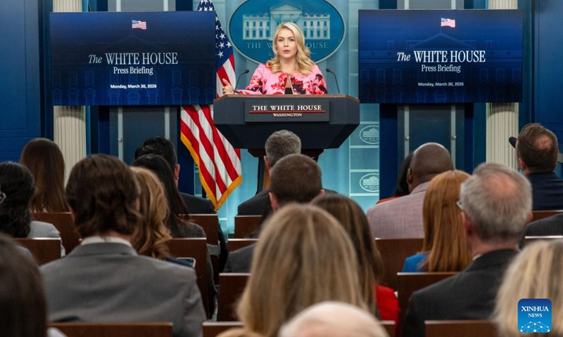 White House Press Secretary Karoline Leavitt speaks during a press briefing at the White House in Washington, D.C., the United States, March 30, 2026. (Photo by Li Yuanqing/Xinhua)

