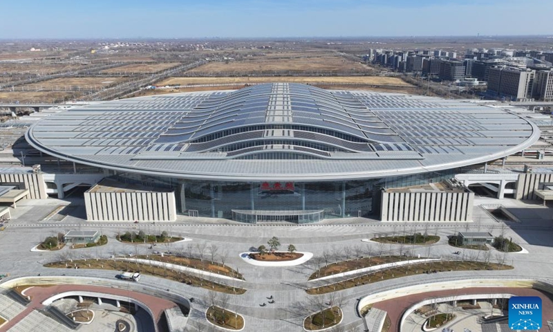 This aerial drone photo taken on March 18, 2026 shows the Xiong'an Railway Station in Xiong'an New Area, north China's Hebei Province.(Xinhua/Zhu Xudong)

