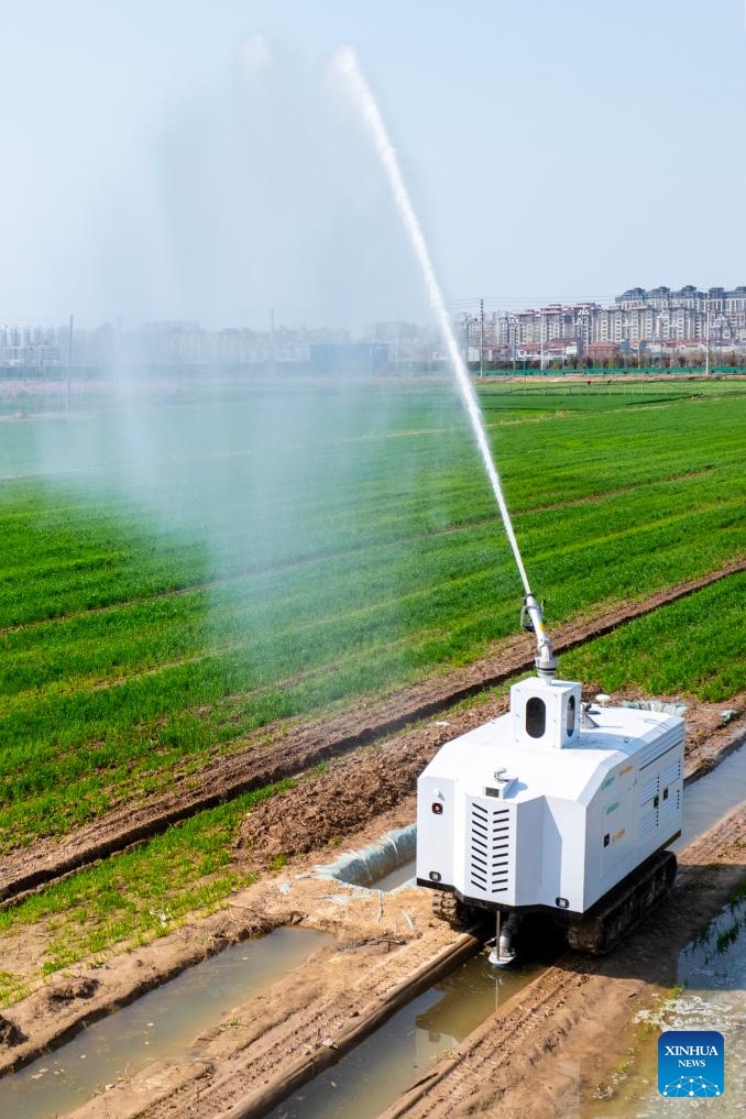 An intelligent irrigation robot sprays water and fertilizer in a wheat field in Yuanzhuang Village of Suixian County, Shangqiu City of central China's Henan Province, March 27, 2026. (Photo by Xu Zeyuan/Xinhua)


