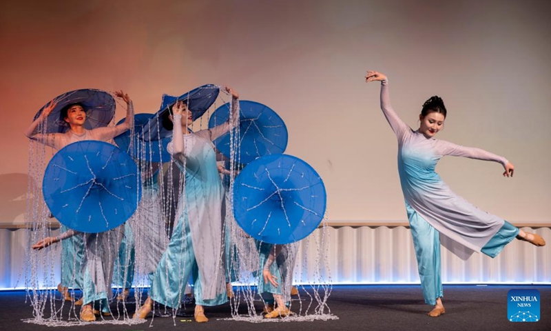 Actresses from China perform dance at a promotion event hosted by China Southern Airlines for the new Beijing-Helsinki direct route in Helsinki, Finland, March 30, 2026. (Photo by Matti Matikainen/Xinhua)

