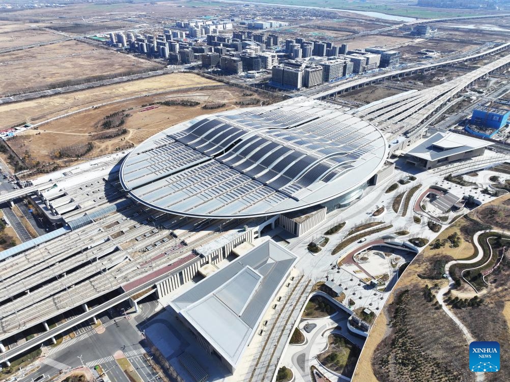 This aerial drone photo taken on March 18, 2026 shows the Xiong'an Railway Station in Xiong'an New Area, north China's Hebei Province.(Xinhua/Zhu Xudong)

