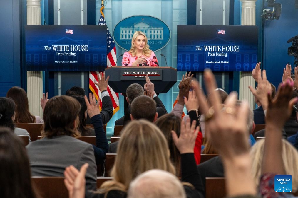 White House Press Secretary Karoline Leavitt gestures during a press briefing at the White House in Washington, D.C., the United States, March 30, 2026. (Photo by Li Yuanqing/Xinhua)

