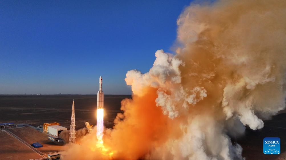 A Lijian-2 Y1 carrier rocket with three satellites onboard blasts off from the Dongfeng commercial space innovation pilot zone in northwest China, March 30, 2026. The rocket blasted off at 7:00 p.m. (Beijing Time) from a commercial aerospace innovation pilot zone in northwest China and successfully sent the satellites into the planned orbit. (Photo by Wang Jiangbo/Xinhua)


