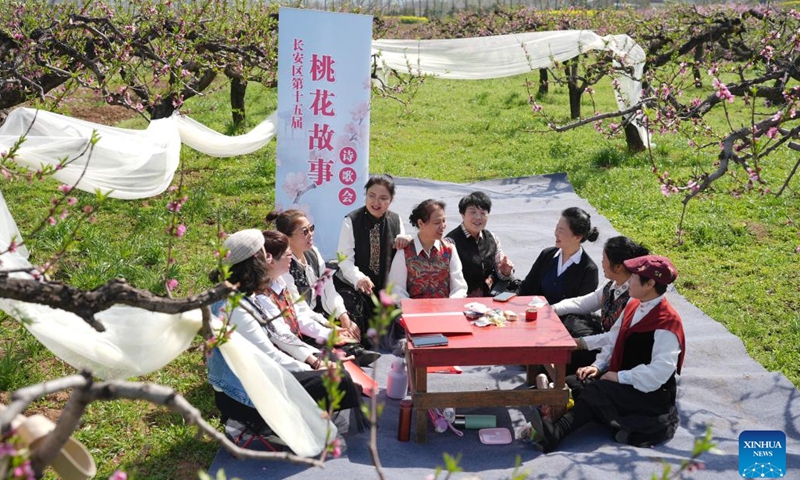 Tourists attend a poetry recital amid peach blossom in Chang'an District of Xi'an, northwest China's Shaanxi Province, March 31, 2026. Cultural events were held among peach blossom at the foot of Zhongnan Mountains in Chang'an District of Xi'an, attracting tourists to visit. (Xinhua/Shao Rui)

