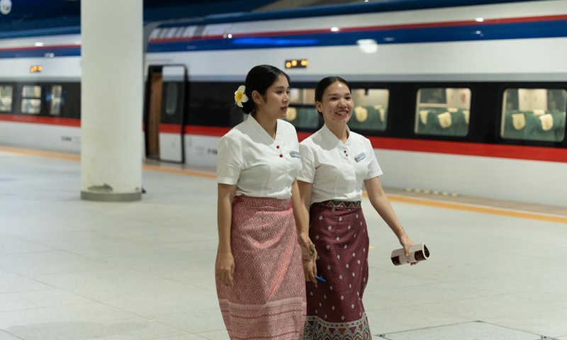 Staff members work at the Luang Prabang Station of the China-Laos Railway in Luang Prabang, Laos, Oct. 11, 2025. (Photo by Kaikeo Saiyasane/Xinhua)
