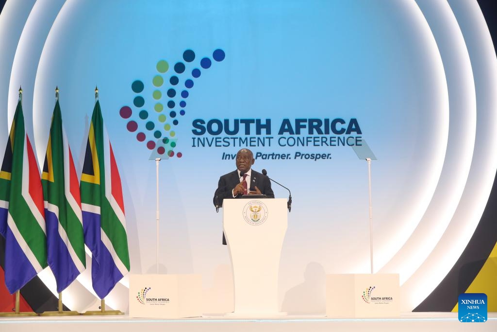South African President Cyril Ramaphosa delivers an opening address at the sixth edition of the South African Investment Conference in Johannesburg, South Africa, on March 31, 2026. The sixth edition of the South African Investment Conference opened on Tuesday at the Sandton Convention Center in Johannesburg, bringing together more than 1,000 delegates from over 50 countries and regions to explore investment opportunities. (Xinhua/Chen Wei)

