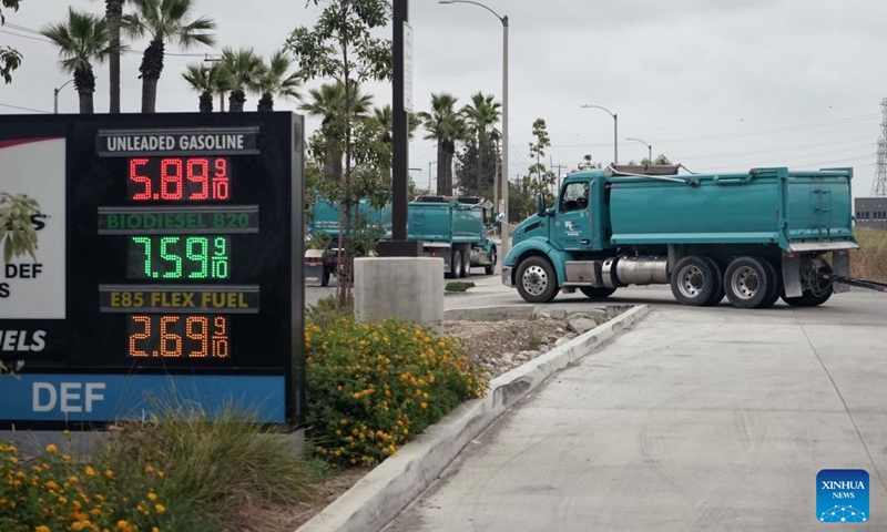 A biodiesel price is displayed at a gas station in Monrovia, Los Angeles County, California, the United States, March 31, 2026. The average cost of a gallon of diesel in California on Tuesday reached an all-time high of 7.455 U.S. dollars as the U.S.-Israel war on Iran enters its second month. (Photo by Zeng Hui/Xinhua)

