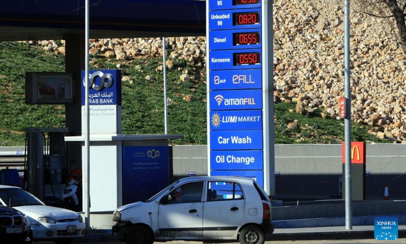 Gas prices are displayed at a gas station in Amman, Jordan, on March 31, 2026. Jordan on Tuesday raised fuel prices for April, its first increase since the regional conflict began, while absorbing part of the global price hike to limit the impact on consumers, according to the Jordanian Ministry of Energy and Mineral Resources. (Photo by Mohammad Abu Ghosh/Xinhua)

