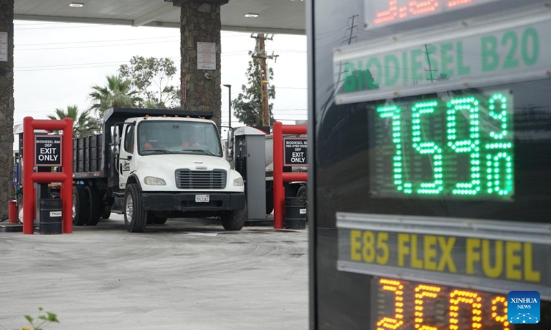 A biodiesel price is displayed at a gas station in Monrovia, Los Angeles County, California, the United States, March 31, 2026. The average cost of a gallon of diesel in California on Tuesday reached an all-time high of 7.455 U.S. dollars as the U.S.-Israel war on Iran enters its second month. (Photo by Zeng Hui/Xinhua)

