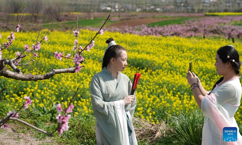A tourist poses for a photo with peach blossom in Chang'an District of Xi'an, northwest China's Shaanxi Province, March 31, 2026. Cultural events were held among peach blossom at the foot of Zhongnan Mountains in Chang'an District of Xi'an, attracting tourists to visit. (Xinhua/Shao Rui)

