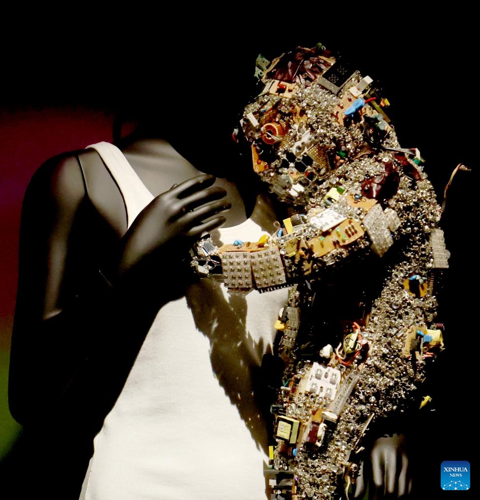 Photo taken on March 30, 2026 shows a garment on display at the Schiaparelli: Fashion Becomes Art exhibition at the Victoria and Albert Museum (V&A) in London, Britain. (Xinhua/Li Ying)

