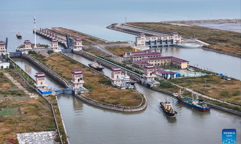 An aerial drone photo taken on Nov. 10, 2024 shows a view of Lyusi fishing port in Qidong City under Nantong, east China's Jiangsu Province. In recent years, Nantong has scaled up efforts to improve the water conservancy system, coupled with its green development endeavors in river basins and seaside areas. (Xinhua/Ji Chunpeng)

