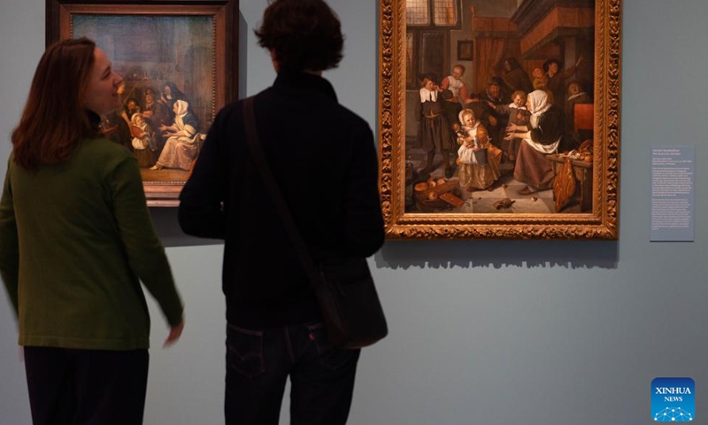 People visit the exhibition At Home with Jan Steen -- 400 Years of Merrymaking at the Museum De Lakenhal in Leiden, the Netherlands, on April 1, 2026. The exhibition will open to the public from April 2 to Aug. 23, 2026. Jan Steen was born in 1626 in Leiden and was one of the leading genre painters of the 17th century. (Photo by Sylvia Lederer/Xinhua)

