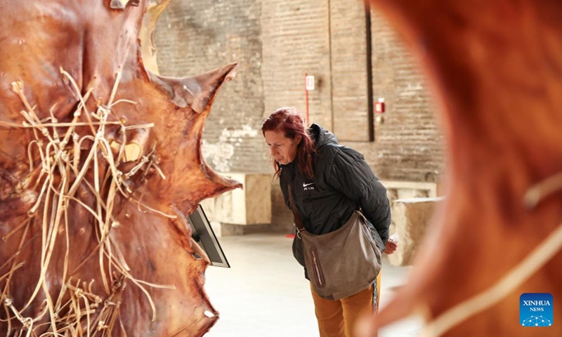 A visitor watches the exhibition Metamorphosis in Baths of Diocletian of the National Roman Museum in Rome, Italy, April 1, 2026. The exhibition presents the contemporary Chinese artist Wu Jian'an's reflection on the theme of transformation through a dialogue between Eastern and Western traditions. (Xinhua/Wang Kaiyan)

