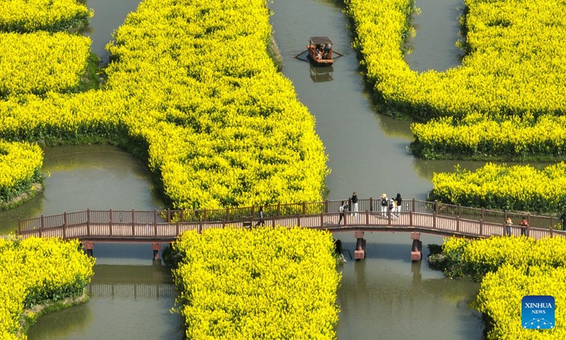 A drone photo taken on April 2, 2026 shows visitors enjoying spring time among cole flowers at a scenic area in Xinghua City, east China's Jiangsu Province. (Photo by Shi Daozhi/Xinhua)