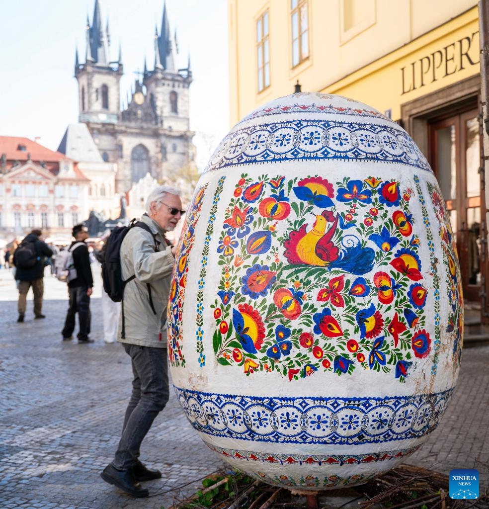 A festive decoration is pictured in Prague, the Czech Republic, April 2, 2026. As Easter approaches, a market is held in Prague's old city, attracting residents and tourists to experience the festive atmosphere. (Photo by Dana Kesnerova/Xinhua)