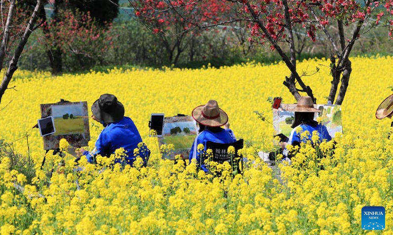 Students sketch in a cole flower field in Zhanbei Town of Xiangcheng County, Xuchang City, central China's Henan Province, April 3, 2026. (Photo by Niu Shupei/Xinhua)