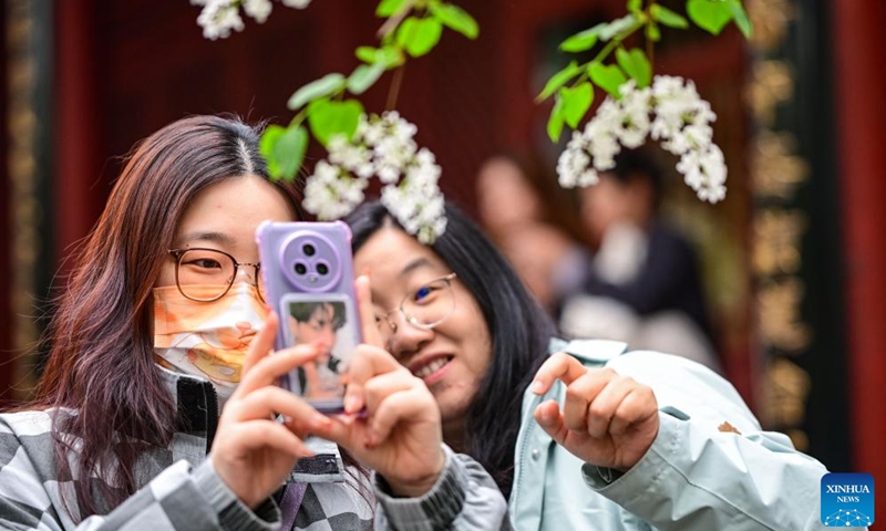 A tourist takes photos of blooming lilacs at Fayuan Temple in Beijing, capital of China, April 3, 2026. (Xinhua/Chen Yehua)