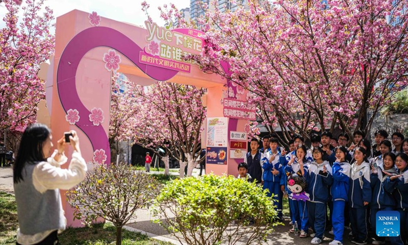Students pose for a group photo under cherry blossoms along the Shuicheng River in Liupanshui, southwest China's Guizhou Province, April 3, 2026. The cherry blossoms along the Shuicheng River in Liupanshui are in full bloom, attracting people for spring outings. In recent years, the city has leveraged its riverside cherry blossoms to expand the flower-viewing industry, unlocking market consumption potential with its natural landscapes. (Xinhua/Tao Liang)
