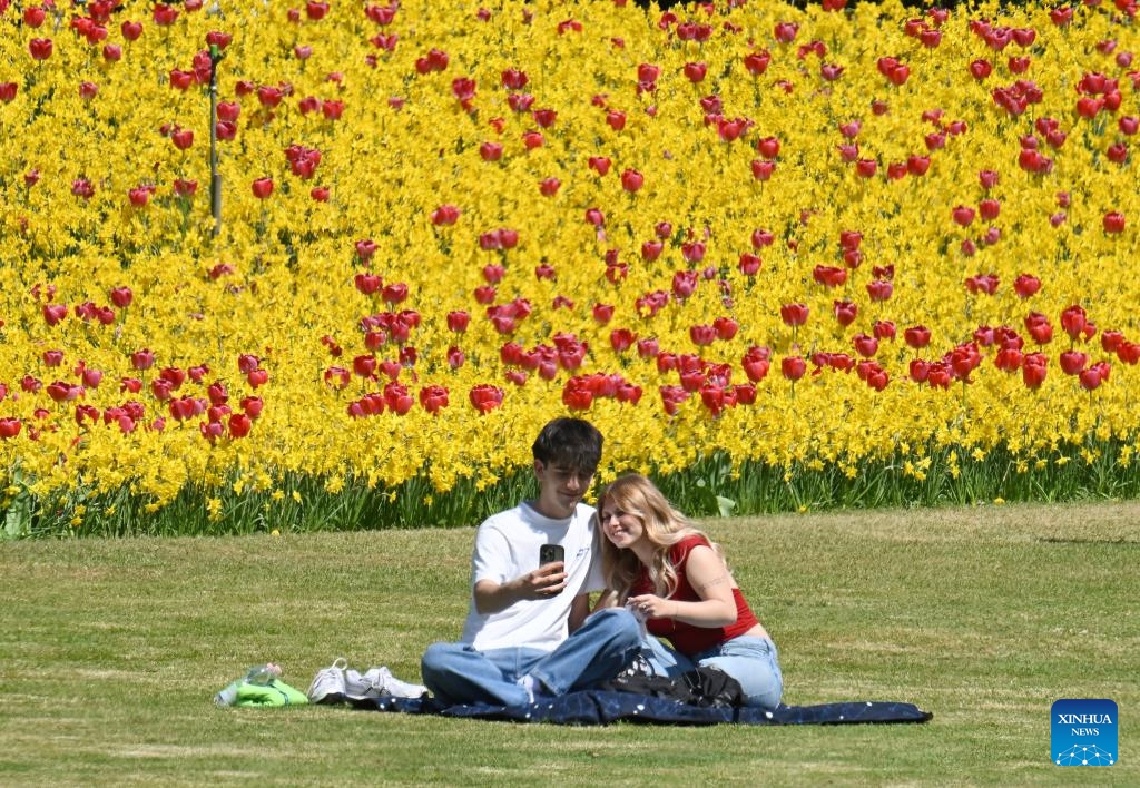 People enjoy blooming flowers at a park in Valeggio sul Mincio, Verona, Italy, April 4, 2026. (Photo by Alberto Lingria/Xinhua)